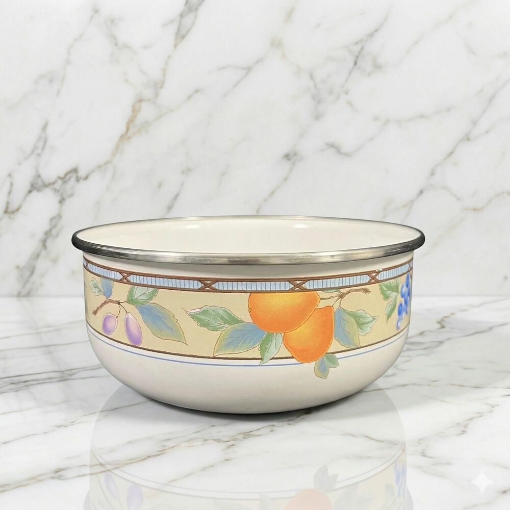 Vintage Mikasa Garden Harvest Enamelware Fruit Salad Mixing Bowl Stainless Rim